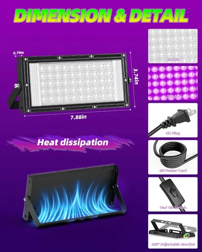 Miniatura 4 de Luces negras de 50 W, IP66, impermeables, para exteriores, reflectores de luz negra con interruptor, enchufe, cable de 6 pies para fiesta brillante
