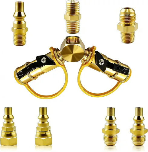 Kit adaptador divisor en Y de propano de 1/4 pulgadas, 2 vías RV a parrilla de conexión rápida/desconexión de manguera de gas LP para cámperes,