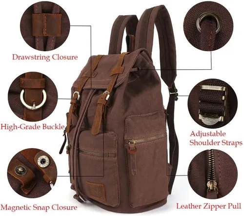 Miniatura 4 de Mochila de lona unisex vintage casual de 17 pulgadas para laptop, mochila escolar, mochila universitaria, senderismo, camping, bolsa de viaje