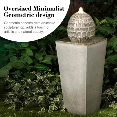 Miniatura 4 de Glitzhome Fuente de agua de cerámica para exteriores con luz LED, fuentes de agua con pedestal de alcachofa extragrande con bomba sumergible, fuente