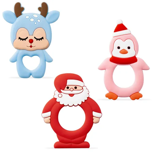 Miniatura 9 de 3 piezas de juguetes de dentición de silicona de Navidad para bebés, mordedores calmantes para la primera Navidad, diseño de muñeco de nieve suave