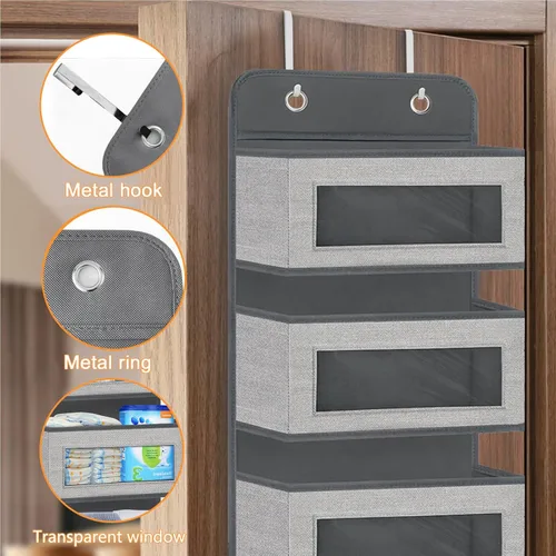 Miniatura 6 de Organizador colgante para colgar sobre la puerta con 5 bolsillos grandes, ventanas transparentes de montaje en pared y 2 ganchos de metal ampliados