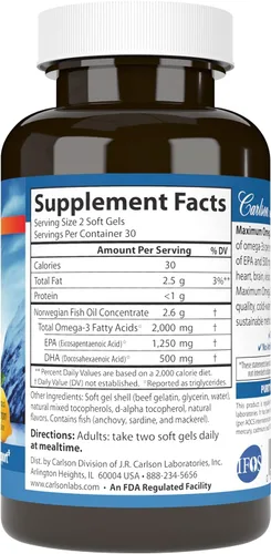 Miniatura 2 de Carlson - Omega Máximo 2000, 2000 mg de ácidos grasos Omega-3 incluyendo EPA y DHA, aceite de pescado noruego capturado en la naturaleza, suplemento