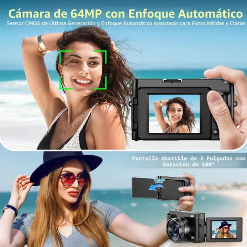 Miniatura 3 de Cámara digital 4K para enfoque automático de fotografía, cámara de vlogging WiFi mejorada de 64 MP para YouTube con pantalla abatible de 180° de 3