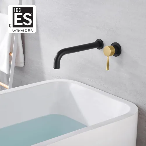 Miniatura 2 de SUMERAIN Grifo de bañera de montaje en pared Grifo de bañera de baño con boquilla de llenado de bañera larga, acabado negro y dorado, manija única