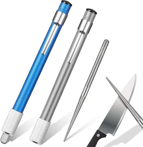 Afilador de cuchillos retráctil de diamante, 2 piezas, varilla de afilar de acero para cocina, herramientas de palo dentado al aire libre (azul,