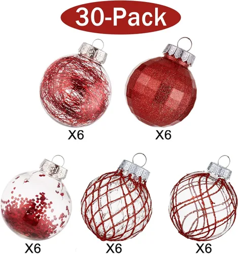 Miniatura 2 de CristBest Juego de 30 adornos de bolas de Navidad - Bolas de Navidad de plástico transparente inastillable de 60 mm / 2.36", juego de bolas de Rojo
