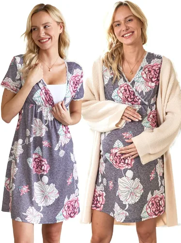Ekouaer - Camisón de dormir de manga corta 3 en 1 para mujer, plisado, para lactancia, parto y maternidad, tallas S-XXL