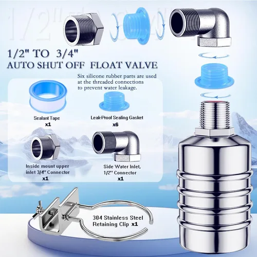 Miniatura 4 de Válvula de flotador de 2 piezas, válvula de flotador de control de nivel de agua de 1/2" a 3/4", válvula de cierre de agua totalmente automática