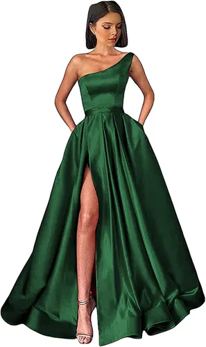 GUKARLEED Vestidos de fiesta de un hombro para mujer vestidos largos de baile de satén con abertura alta fruncido formal vestidos de fiesta