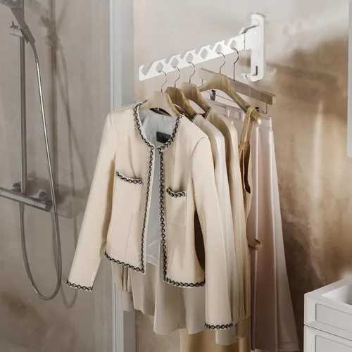 Miniatura 7 de Dr.DJ Soporte para colgar abrigos de pared, organizador de secado de ropa blanca, ganchos de aluminio, retráctiles, plegables, para interiores