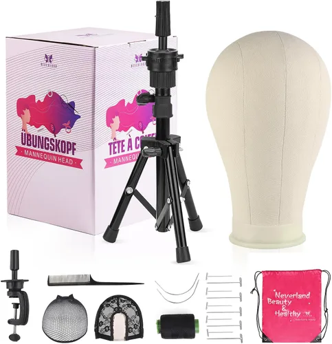 Neverland Beauty & Health Cabeza de maniquí para peluca de 22 pulgadas con soporte trípode, juego de cabeza de lona para maniquí para fabricación y