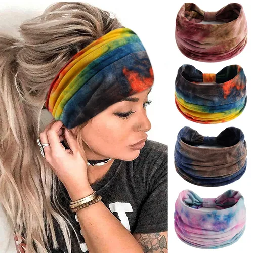 Miniatura 26 de FULZTEY Diademas bohemias para mujer, elegantes diademas con estampado floral, turbante de nudo ancho, elástico, para yoga, correr, entrenamiento