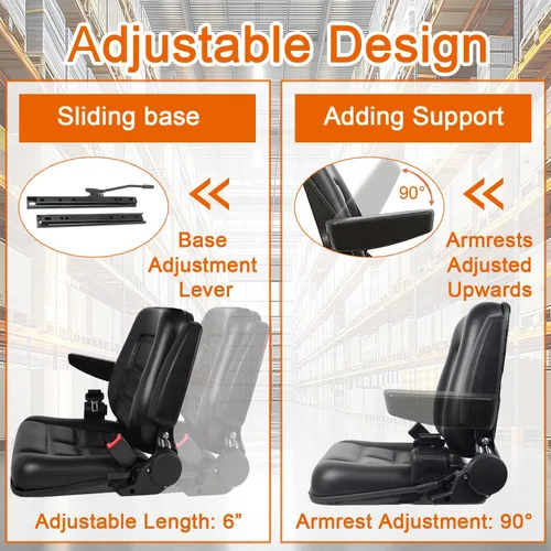 Miniatura 5 de Asiento universal para carretilla elevadora, asiento de tractor plegable con reposabrazos y cinturón de seguridad retráctil, respaldo de ángulo