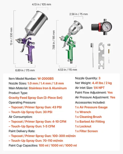 Miniatura 7 de VEVOR Kit de pistola de pulverización de aire de 3 piezas, juego profesional de pistola de pintura para automóviles con 3 boquillas (1/1.4/1.8mm), 3