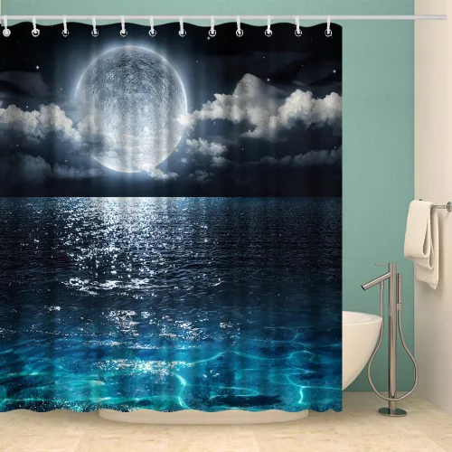 Miniatura 4 de Cortina de ducha de tela impermeable con luna llena sobre paisaje oceánico, para decoración de baño, juego con ganchos, 72 x 72 pulgadas