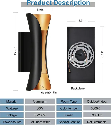 Miniatura 3 de Lámpara de pared para exteriores, LED de 30 W, accesorio de iluminación exterior impermeable de aluminio negro dorado, 3000 K cálido, apliques