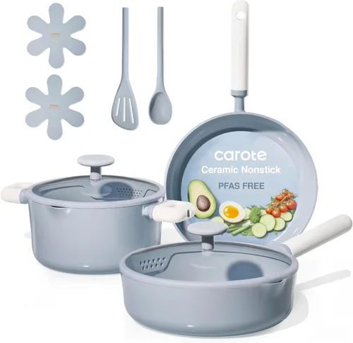 CAROTE - Juego de ollas y sartenes antiadherentes, juego de utensilios de cocina de cerámica, juego de cocina azul para inducción con vaporera,