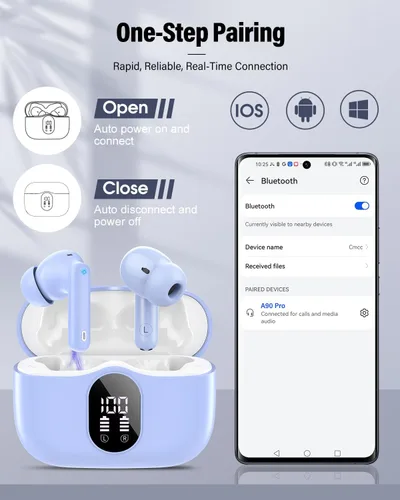 Miniatura 5 de Auriculares inalámbricos, Bluetooth 5.4, estéreo de bajos, auriculares con micrófono con cancelación de ruido, pantalla LED en el oído, llamadas