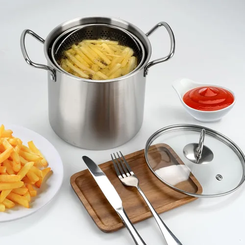 Miniatura 2 de Olla freidora profunda de 3.5L con desagüe para goteo de aceite, olla freidora de acero inoxidable con tapa y cesta, olla para freír en profundidad