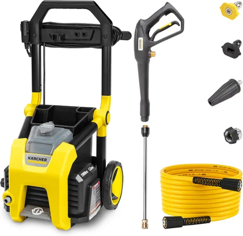 Kärcher Lavadora a presión K1900PS, certificado CETA, 3 boquillas de pulverización, tanque de detergente, para automóviles, calzadas, Amarillo