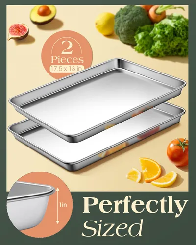 Miniatura 3 de Juego de Bandejas para Hornear de 2, Hojas de Galletas Comerciales de Acero Inoxidable para Hornear, Bandejas Grandes para Horno de 18 x 13 Pulgadas