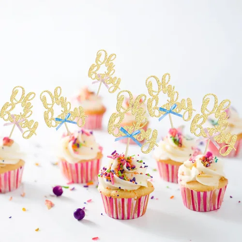 Miniatura 7 de Gyufise 36 piezas Adornos para cupcakes Oh Baby con moño azul y rosa, brillante dorado, adornos para cupcakes de baby shower, adornos para cupcakes