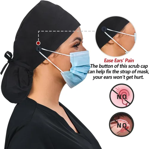 Miniatura 3 de Gorra de trabajo ajustable con botón, gorro de trabajo de algodón, banda para el sudor con bolsillo para cola de caballo, lazo elástico