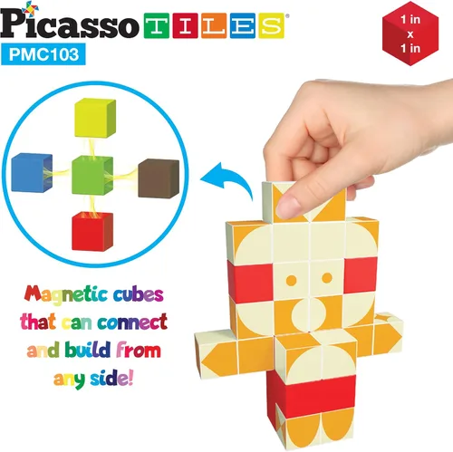 Miniatura 5 de PicassoTiles 103 cubos de construcción magnéticos de juguete de 1 pulgada, cubos de construcción de cubos 3D, juguetes sensoriales magnéticos