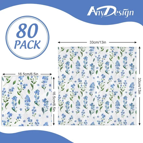 Miniatura 2 de AnyDesign Paquete de 80 servilletas de almuerzo florales azules, desechables, acuarela, flores, servilleta de papel, olvides de miosotis, Sylvatica