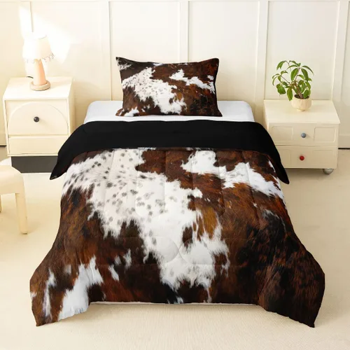 Miniatura 19 de Juego de edredón con estampado de vaca marrón para niñas y niños, edredón de plumón de piel de vaca de las tierras altas, ropa de cama de piel
