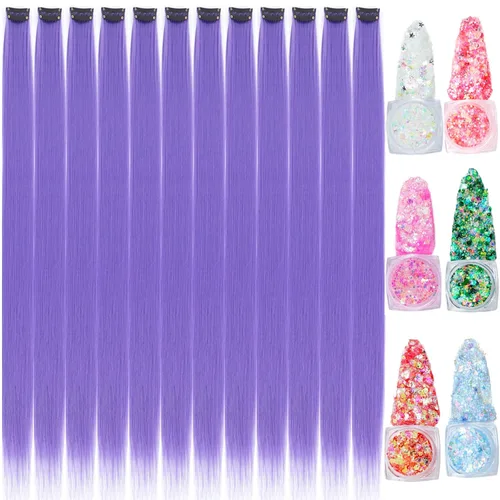 Miniatura 21 de Extensiones de cabello de colores, extensión de cabello liso con clip de 22 pulgadas, extensiones de cabello con brillantina multicolor arcoíris