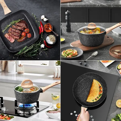 Miniatura 7 de VOTTGO Juego de 19 ollas y sartenes antiadherentes, juego de utensilios de cocina de inducción de granito negro, no tóxico, saludable