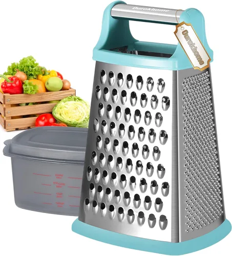 Ourokhome Rallador de queso con asa, rallador de caja de acero inoxidable, triturador de verduras de cocina de 4 lados con recipiente para Menta