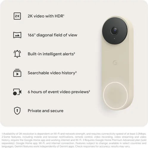 Miniatura 13 de Google Timbre Nest (cableado, 3ª generación), video 2K y géminis, vista en vivo, visión nocturna, audio bidireccional, funciona con Google Home, Lino