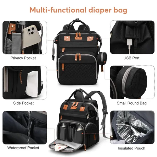 Miniatura 3 de Mochila para pañales con cambiador, bolsa de pañales grande para niños y niñas, mochila multifuncional para pañales de viaje, bolsa de bebé con Negro