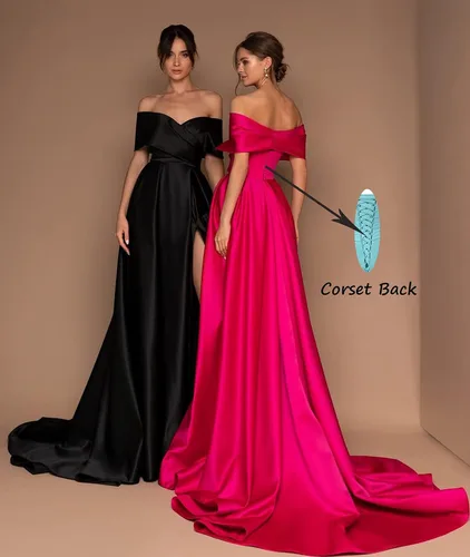 Miniatura 2 de BONOYUER Vestido de fiesta de satén con hombros descubiertos para mujer, vestido de noche de fiesta formal con bolsillos