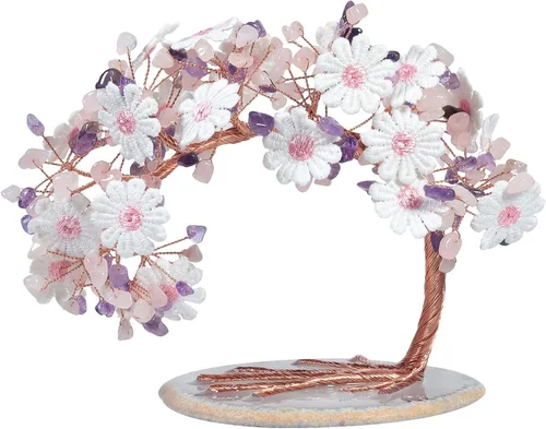 Miniatura 9 de mookaitedecor Árbol de cristal aguamarina natural con base de ágata, árbol de dinero floral de encaje bordado para decoración de escritorio