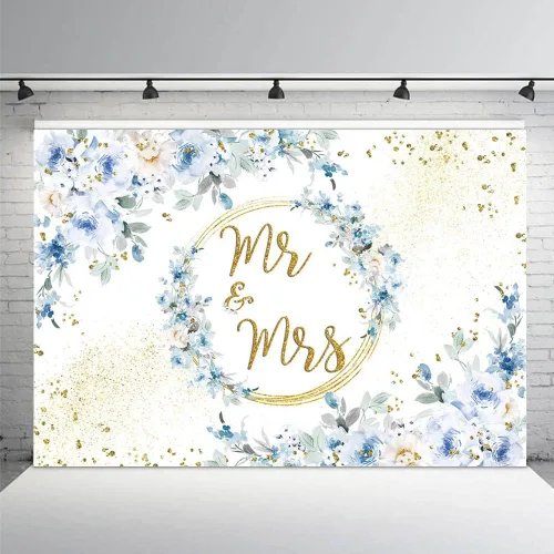 MEHOFOND Telón de fondo floral azul de 7 x 5 pies para decoración de fiesta de compromiso para parejas, bodas, puntos dorados con purpurina, fondo