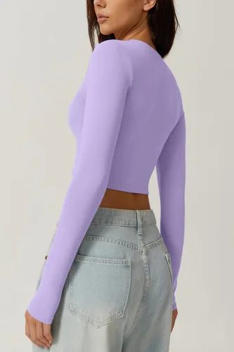 Miniatura 4 de QINSEN Camiseta corta sexy de manga larga con cuello cuadrado para mujer