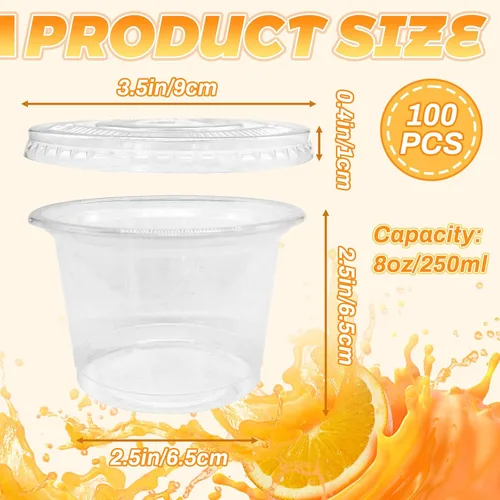 Miniatura 2 de Qinsihwn 100 Piezas Vasos de Plástico Desechables de 8 OZ con Tapas Planas, Vasos Transparentes de Porción con Tapas Planas, Recipientes de Plástico
