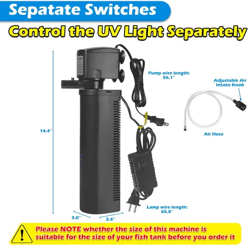 Miniatura 7 de Filtro U-V para acuario de 300 GPH para tanque de peces grande de 80-200 galones, potente bomba sumergible interna, máquina limpiadora de agua