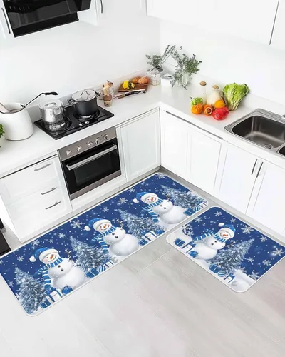 Miniatura 9 de Prime Leader Juego de 2 tapetes de cocina con diseño de muñeco de nieve de Navidad, copos de nieve, azul marino, antideslizantes, tapetes lavables