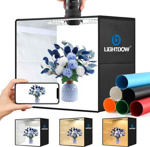 Lightdow Caja de luz de estudio fotográfico de 10 x 10 x 10 pulgadas con 96 LED (CRI>95), 6 telones de fondo, portátiles, regulables, versátiles