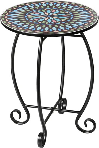 Miniatura 8 de Mesa auxiliar lateral redonda de 14 pulgadas para exteriores, mesa auxiliar de acento con trabajo de metal en espiral con superficie de azulejos