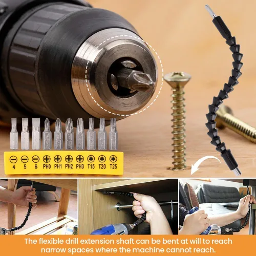 Miniatura 5 de 17 extensiones de broca flexible, con 3 adaptadores de enchufe giratorios, 2 accesorios de taladro hexagonal de 105° en ángulo recto, 10 puntas