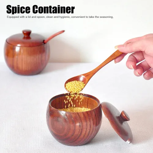 Miniatura 3 de Olla de especias de madera, bodega de sal de madera natural con tapa y cuchara, contenedor de azúcar, tarro de especias vintage, recipiente
