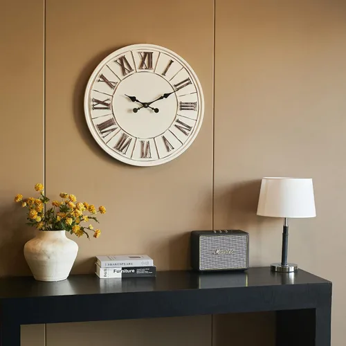 Miniatura 3 de Reloj de pared grande de estilo granja - 24 pulgadas, blanco rústico, número romano envejecido, cara de metal, funciona con pilas, reloj decorativo