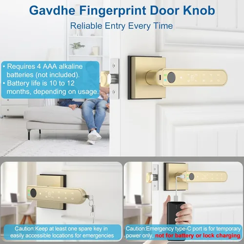 Miniatura 4 de Cerradura de puerta con huella digital dorada, perilla inteligente con impresión de dedos, cerradura de puerta de dormitorio sin llave con control