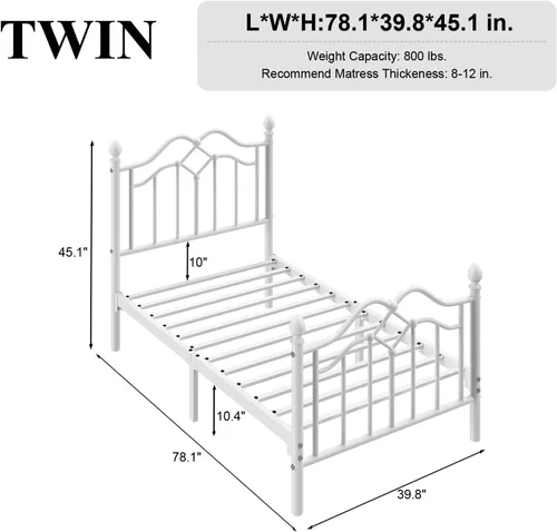 Miniatura 2 de LoVinson Base de cama individual con cabecero y estribo, marco de cama de plataforma de metal moderno para niños, soporta hasta 800 libras, no Blanco